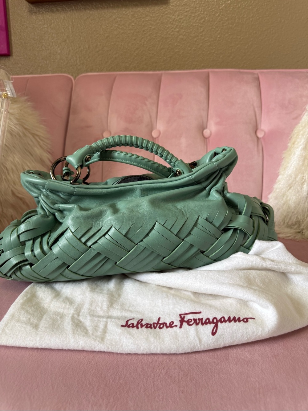 💯Auth! Salvatore Ferragamo Sofia Green Woven Leather Top-Handle Bag Gunmetal HW - Picture 14 of 14